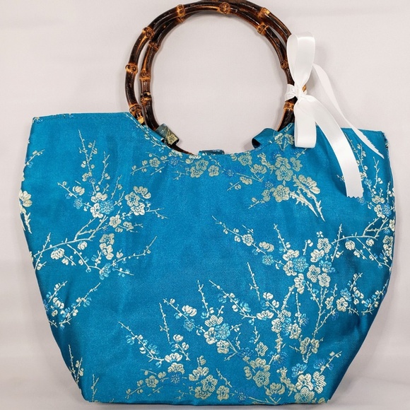 Vintage Satin Bamboo Handle Boat Tote - Picture 2 of 4